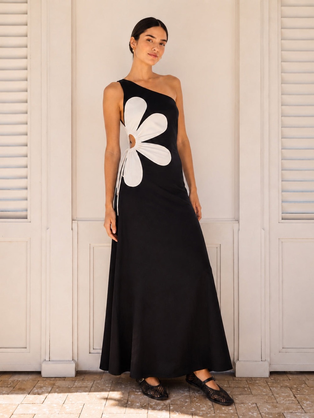 Commense One Shoulder Big Floral Cutout Maxi Dress